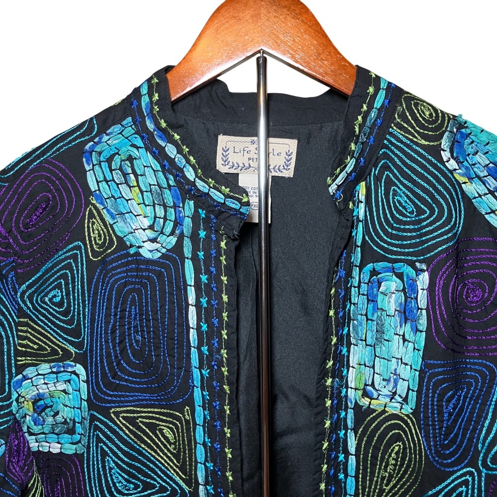 Life Style Petite Jacket Women PXL Black Blue Embroidered Art Boho Open Front - Picture 2 of 10